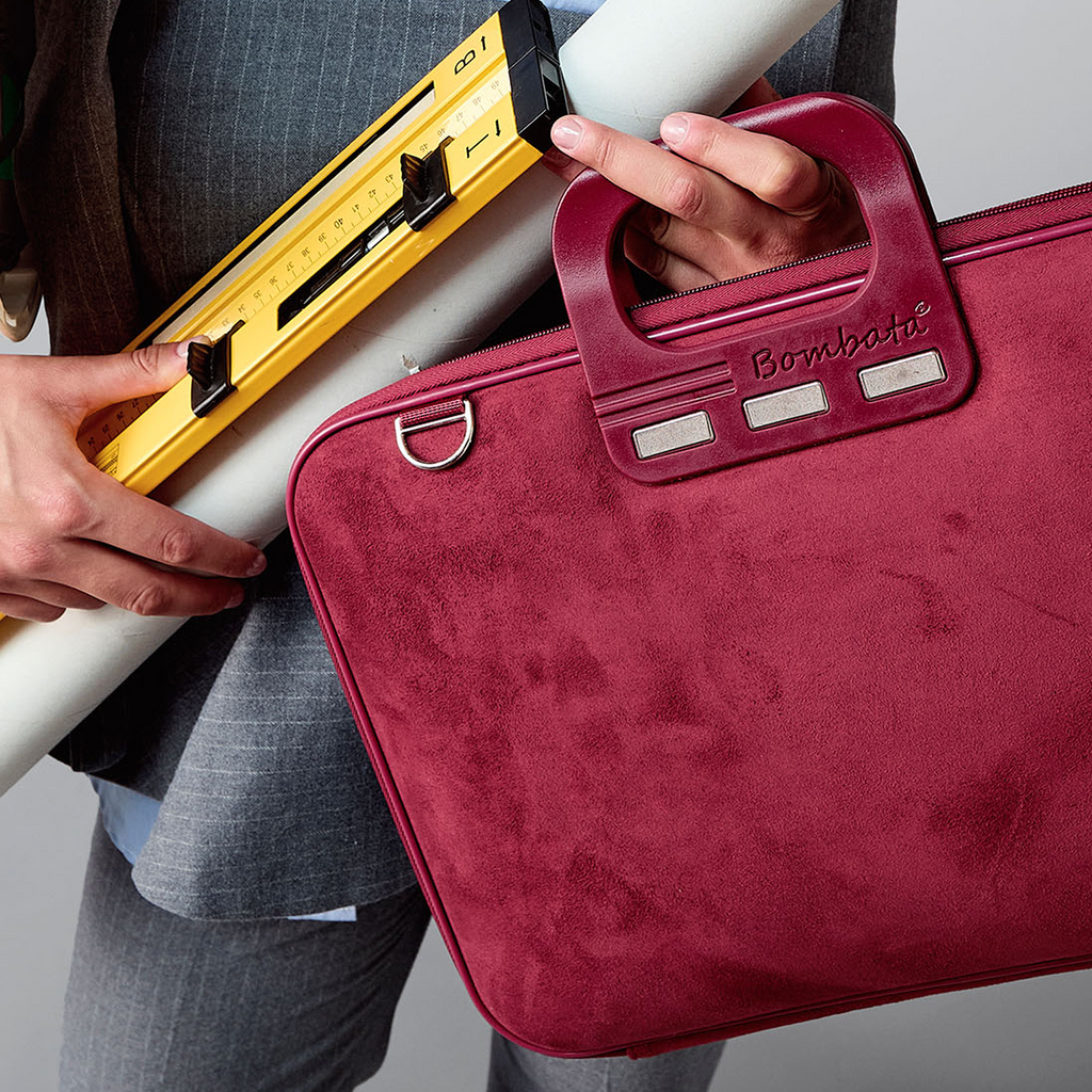 Bombata Camoscio vista borsa porta computer rossa